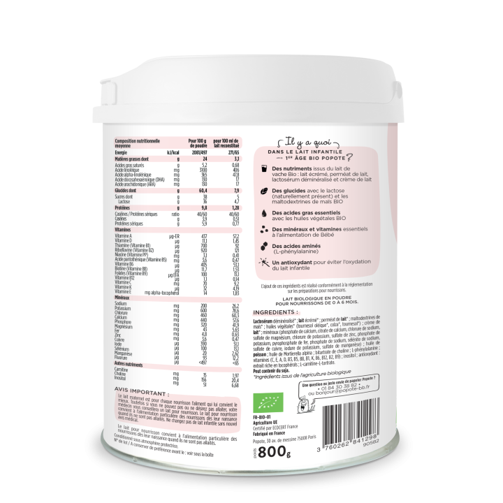 Lait infantile 1er âge Popote 800g