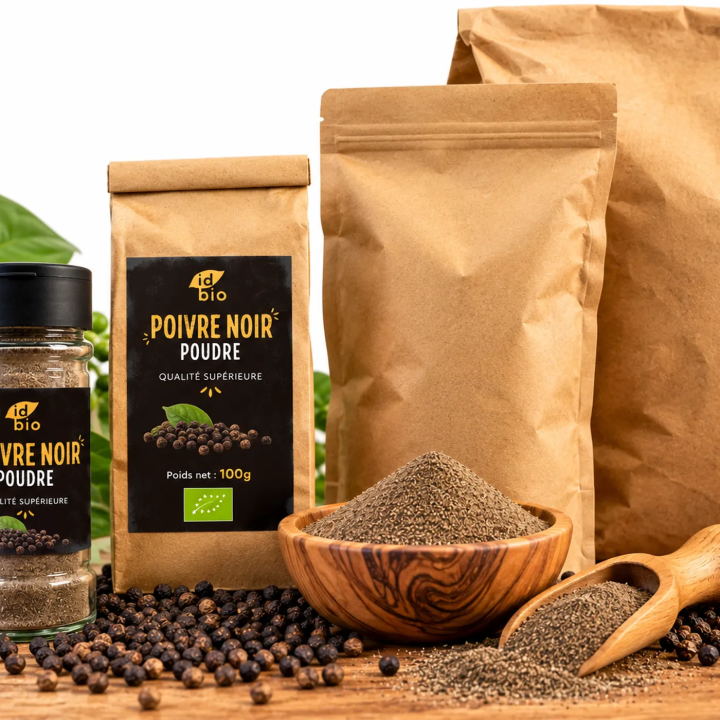 Poivre noir poudre IDBIO- pot de 40g- 100g- 500g- 3kg-