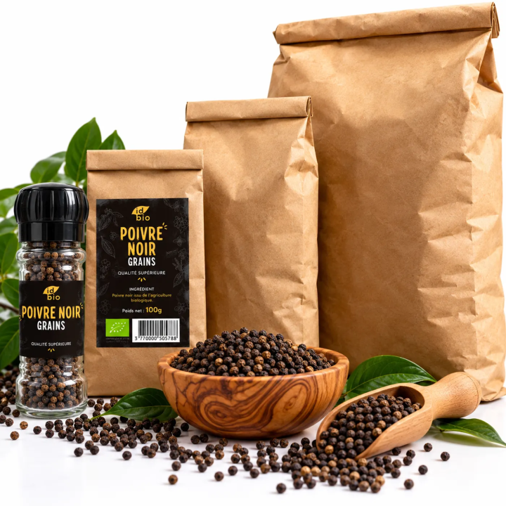 Poivre noir grains IDBIO- pot de 40g- 100g- 500g- 3kg-